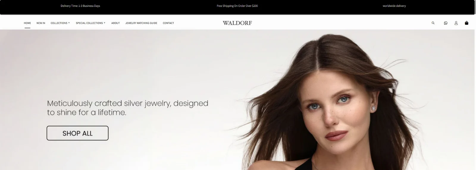 A real screenshot of the Waldorf homepage, showing its navigation, wordmark and jewellery campaign